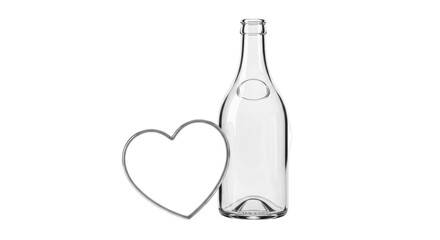 Isolated glass bottle with a metal heart-shaped frame, clear drink container, no color