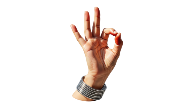 Isolated hand gesture signaling okay; metal bangles on wrist offering sense of completion