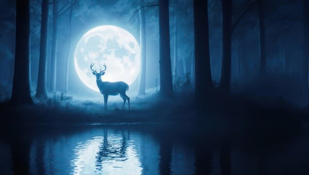 A stag stands before a glowing moon in a misty forest reflected in a serene lake - Powered by Adobe