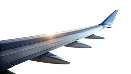 Close up view of an airplane wing with engines against a dark sky isolated on transparent background