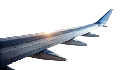 Close up view of an airplane wing with engines against a dark sky isolated on transparent background