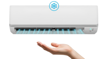 Isolated air conditioner with cool air blowing out and hand underneath, cool temperature