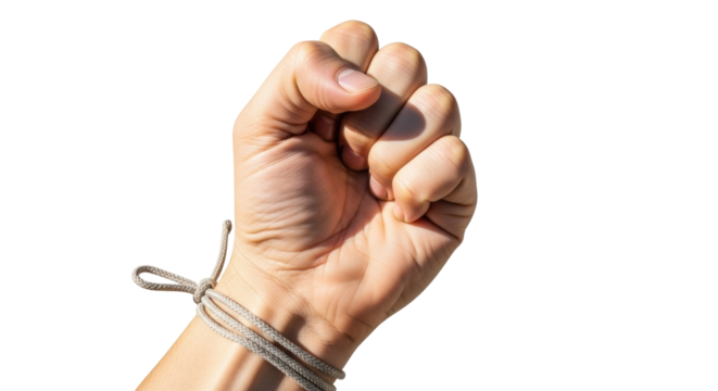 Isolated clenched male fist with tied string on wrist, gesture to remember something