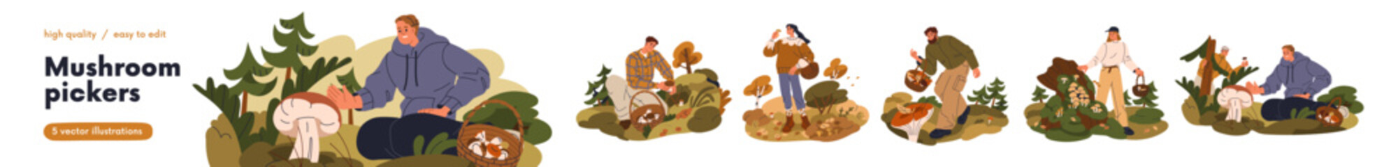 Happy people picking mushrooms in autumn forest. Men, women walking in wood in fall season, finding fungi, collecting fungus to baskets. Flat graphic vector illustrations isolated on white background