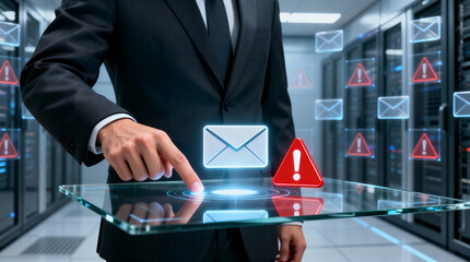 Businessman in Data Center Touching Virtual Email Interface with Cybersecurity Warning Icons – Concept of Email Phishing, Data Breach, and Network Security"