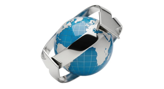 Isolated world globe wrapped in metallic arrow, symbolizing global movement and connection