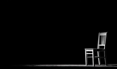 Single, white wooden chair lit in stark contrast against a vast, dark black background