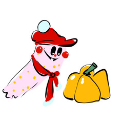 Cute halloween illustration with ghost and orange pumpkin