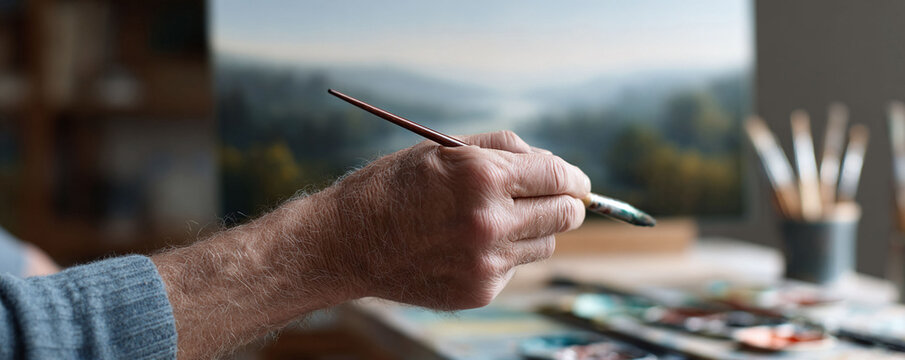 Artists hand holding brush, painting a nature scene. Evokes creativity, passion, and skill. Ideal for art education, creative hobbies, or visual arts concepts.