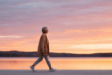 Elderly woman walking on a wooden pier at sunset. Serene lake landscape, health, wellness, and active retirement concept. Peaceful scenery, golden light.