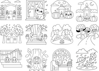 Autumn Themed Coloring Pages with Cat Pumpkins Tent Scarecrow and Fall Scenery illustration vector