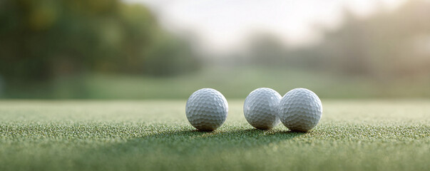 Three golf balls rest on a lush green putting green, bathed in soft light. Represents precision, focus, and teamwork. Perfect for sports, recreation, or strategy concepts.