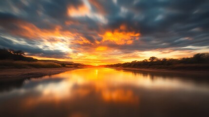 Obraz premium A serene river landscape at sunset, showcasing vibrant hues reflecting in the water, Ideal for nature themes in travel blogs, relaxation materials, or background for artistic projects,