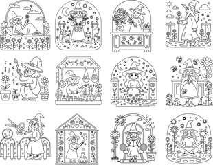Charming Witchy Line Art Scenes With Nature Elements Animals And Magical Pursuits Keywords: witch, wizard, magic, spell, potion, cauldron, broom, hat, stars, moon, sun, plants, flowers, trees