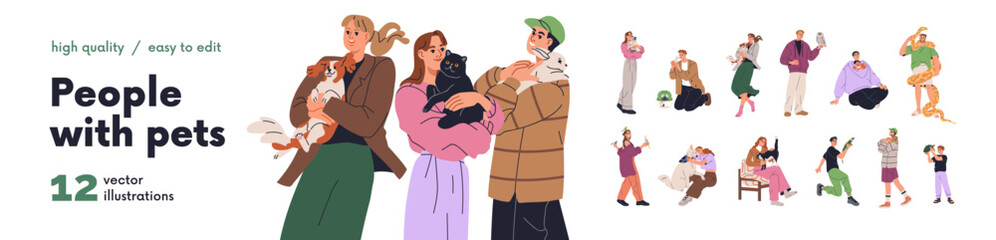 Naklejka na ściany i meble Happy people with different pets set. Home animal owners holding and caring for dog, cat, parrot, hamster, turtle, exotic iguana, boa snake, owl. Flat vector illustration isolated on white background