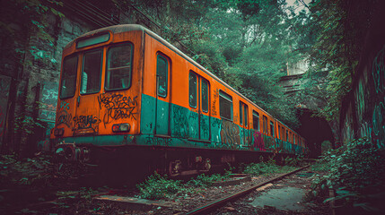 Fototapeta premium Graffiti covered train in tunnel with vegetation