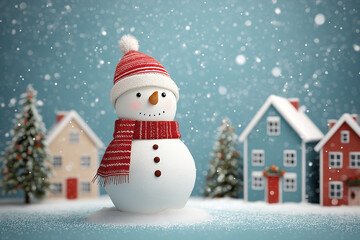 Obraz premium a cartoon snowman with a red scarf and hat stands in front of two houses decorated for christmas, with a snowy landscape background