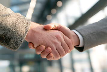 Two business professionals shaking hands in a close up shot symbolizing partnership and agreement