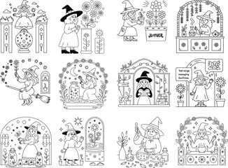 Enchanting Witchy Illustrations Line Art With Magical Potions Flowers And Celestial Motifs Keywords: witch, wizard, magic, spell, potion, cauldron, broom, hat, stars, moon, sun, plants, flowers