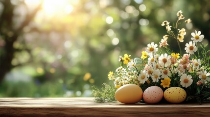 Easter Eggs and Flowers in a Garden Setting