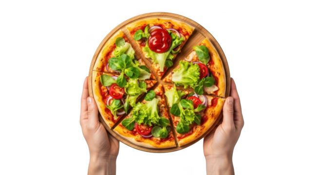 Freshly baked pizza with lettuce and tomato isolated on transparent background