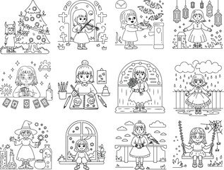 Halloween and fantasy themed cartoon girls with magical elements and activities Keywords: girl, child, kid, Halloween, witch, wizard, magic, potion, spell, bat, ghost, violin, music, playing, tarot