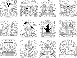 Halloween Themed Coloring Pages With Ghosts Witches Dragons And Haunted Houses Keywords: halloween, ghost, witch, dragon, haunted house, skeleton hand, castle, pumpkin, potion, cauldron, spooky