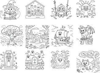 Halloween Themed Coloring Pages With Witches Vampires Ghosts And Haunted Objects Keywords: halloween, witch, vampire, ghost, haunted, spooky, scary, cute, cartoon, drawing, illustration, outline