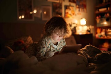Obraz premium Child in Pajamas Focused on Tablet in Dark Bedroom