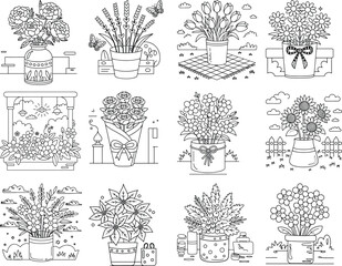 Set of 12 Outline Illustrations of Flowers in Vases and Pots with Various Settings potted flowers bouquets