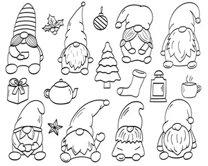 New Year's gnomes, Christmas doodle illustrations, coloring page, hand-drawn clipart