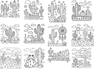 Twelve engaging black and white illustrations of cacti, desert motifs, and cute animals for coloring activities