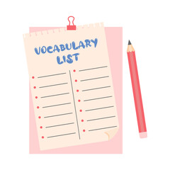 Vocabulary list and pencil. Learn English concept