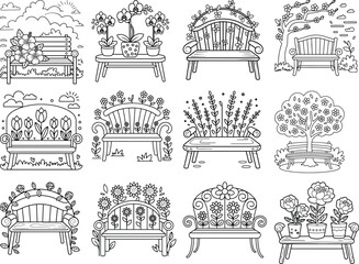 Twelve unique line art illustrations of garden benches featuring diverse floral arrangements and natural elements