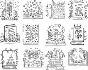 Twelve whimsical line art illustrations of books and flowers, including butterflies and mushrooms open book