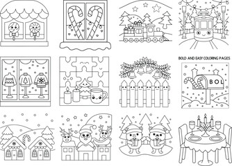 Variety of Christmas Themed Coloring Pages with Whimsical Scenes and Characters Keywords: christmas, coloring, page, outline, drawing, illustration, holiday, winter, santa, reindeer, snowman, candy
