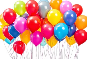 Vibrant multicolored helium balloons floating against a plain white background ,  anniversary,  isolated