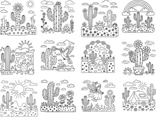 Whimsical Desert Landscape with Cacti and Cute Characters in Outline Style Keywords: cactus, desert, sun, rainbow, clouds, flowers, plants, nature, landscape, outline, drawing, illustration, cute