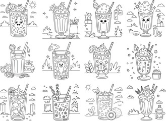 Whimsical Outline Illustrations of Various Drinks and Milkshakes with Cute Faces and Decorations Keywords: drink, illustration, outline, drawing, line art, milkshake, smoothie, juice, cocktail