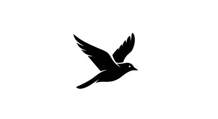 Silhouette of a black bird in flight against a white background.