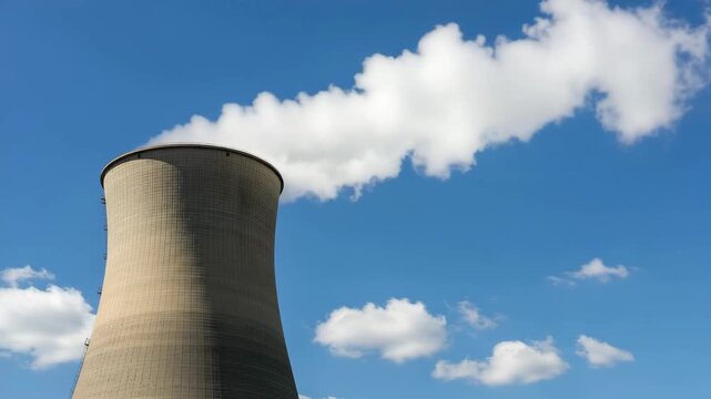 Cooling tower emitting steam under clear blue sky, industrial energy production and environmental implications