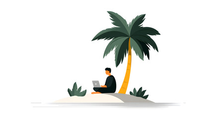 Remote Work A Man Working on Laptop Under a Palm Tree on a Tropical Island
