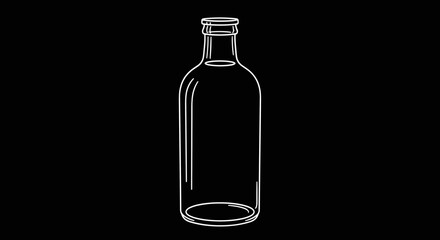Simple white outline drawing of an empty glass bottle on a stark black background minimalist and clean design.