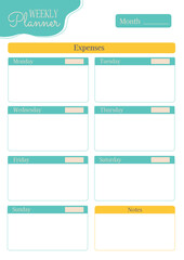 Weekly planner with yellow and blue backgrounds. The daily planner is designed for financial management. The diary has a section for expenses and a section for notes.