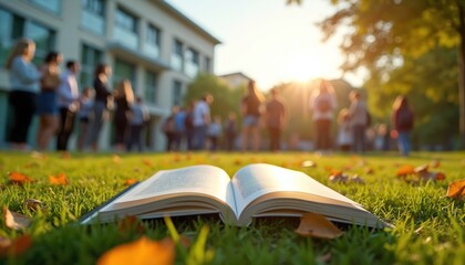 Open book lies on green grass with scattered orange leaves. Group of people stand blurred in background. Book has white pages, hardcover. Sun sets casting warm glow. Buildings, trees in background.