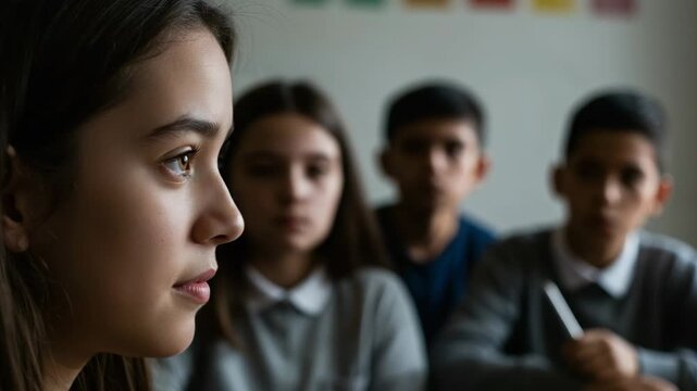 Student left out during activity, sad girl excluded by classmates in classroom, school bullying and mental health awareness