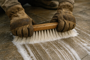 Cleaning the Tiles: The image shows hands wearing gloves using a brush, scrubbing a tile surface creating a foamy cleaning action, a visual story of effort, maintenance, and hygiene.