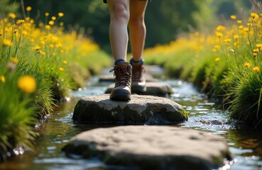 Person walks on stones crossing stream. Vibrant yellow flowers line green grassy banks. Boots step carefully over water, showing active outdoor pursuit.