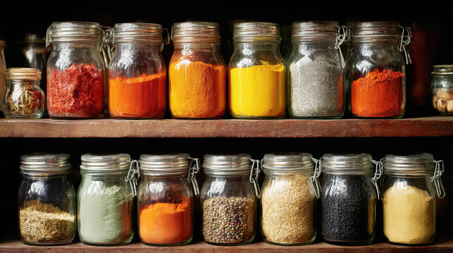 Neatly Arranged Row of Glass Jars Filled with Colorful Ground and Whole Spices, Including Paprika, Turmeric, Pepper, and Seeds, Organized on Rustic Wooden Shelves in a Dark, Textured Setting