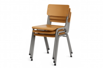 Stacked school chairs, wooden seats and metal frames, representing education, learning, and classroom supplies